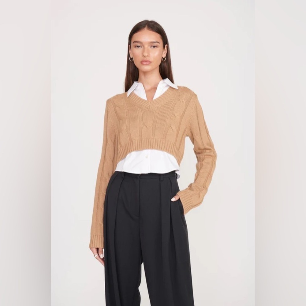 STAUD Duke Cable-Knit Wool Sweater Knit Top Camel/White Size Large NWT